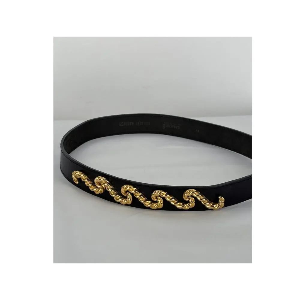 Vintage Burdines Black Leather Belt Gold Rope Twist Buckle Italy Womens Medium